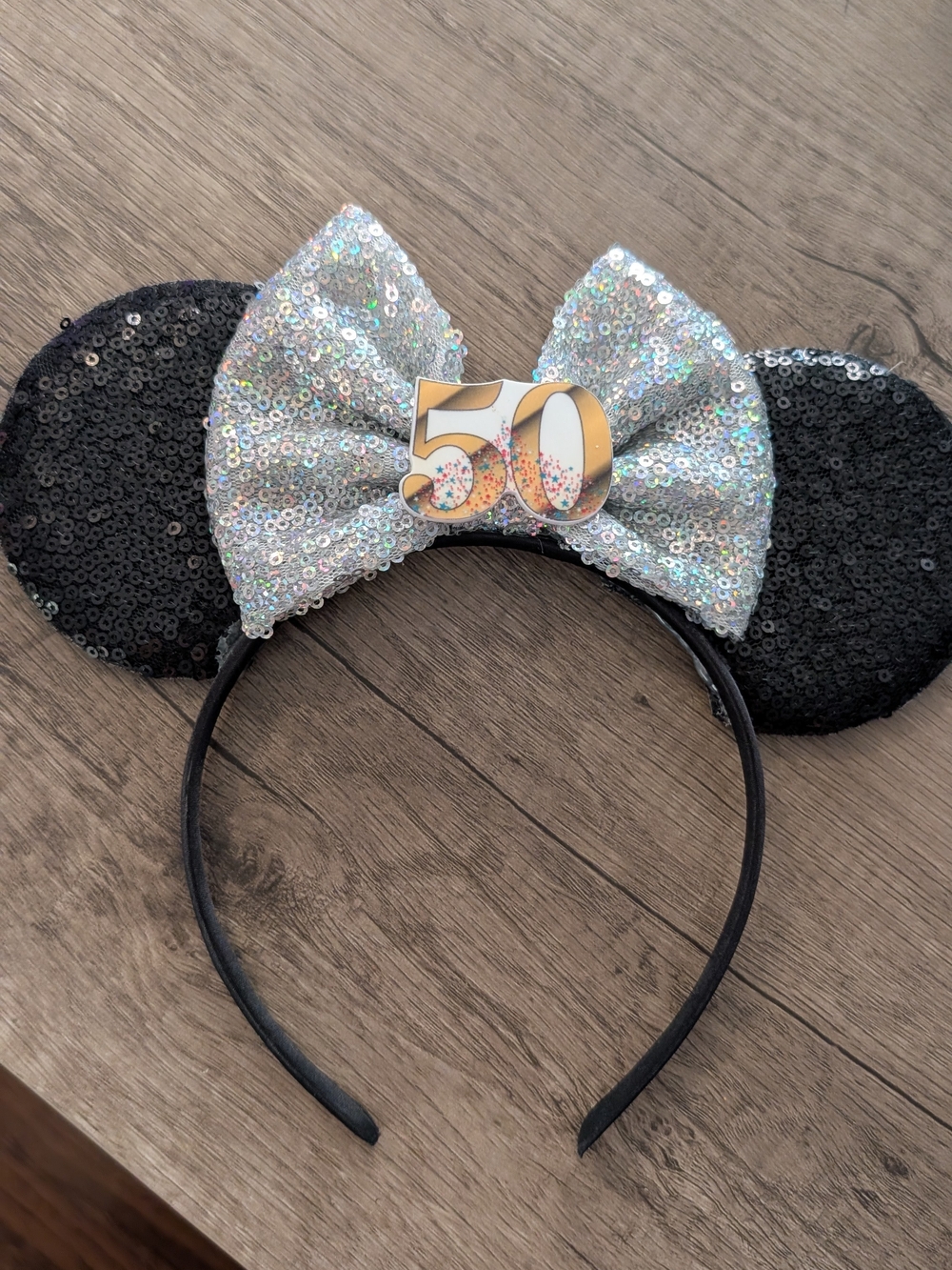 Sequin Mouse Ear Headband with Silver Bow and 50 Accent